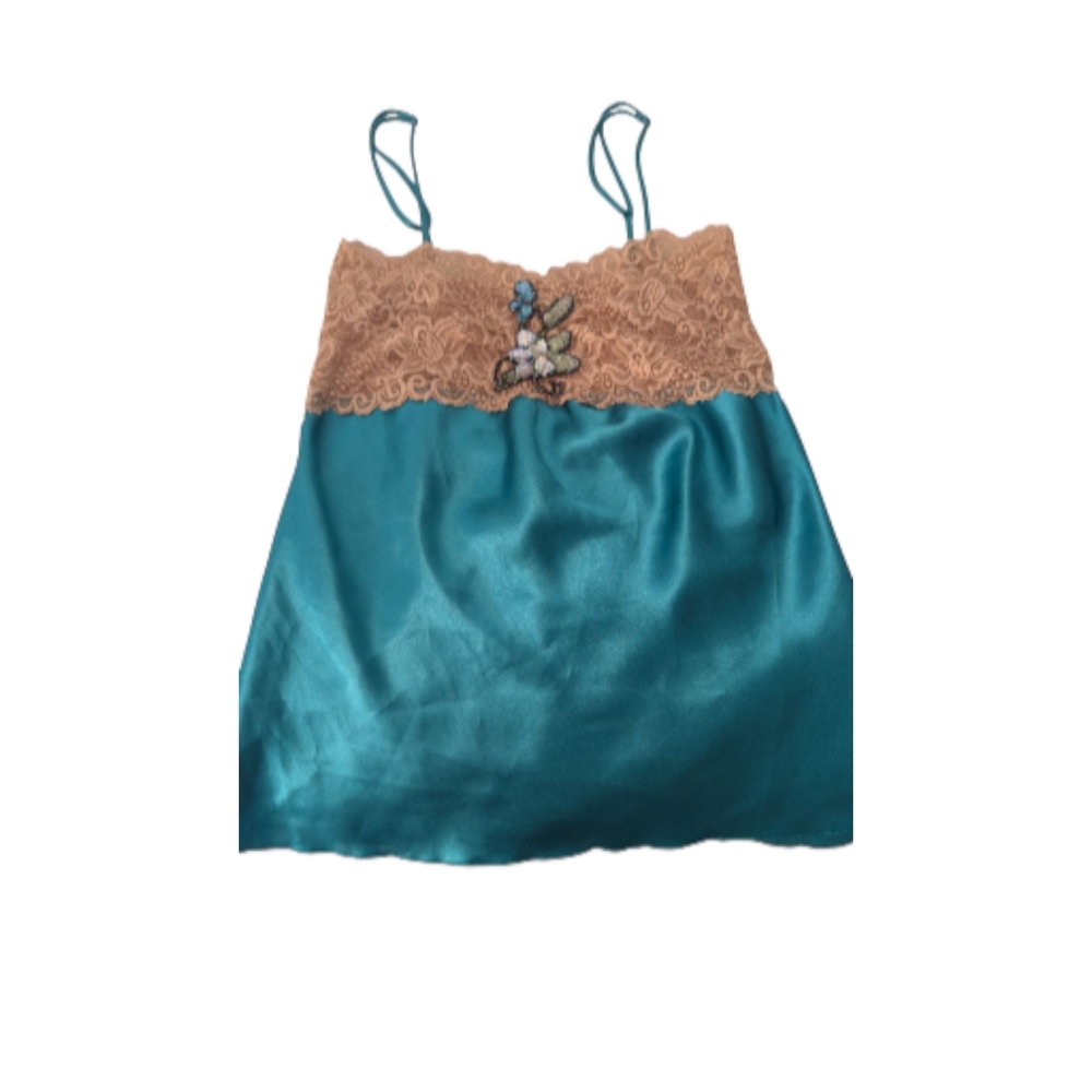 VTG Forever 21 Teal and Tan Beaded Fairycore Satin Camisole